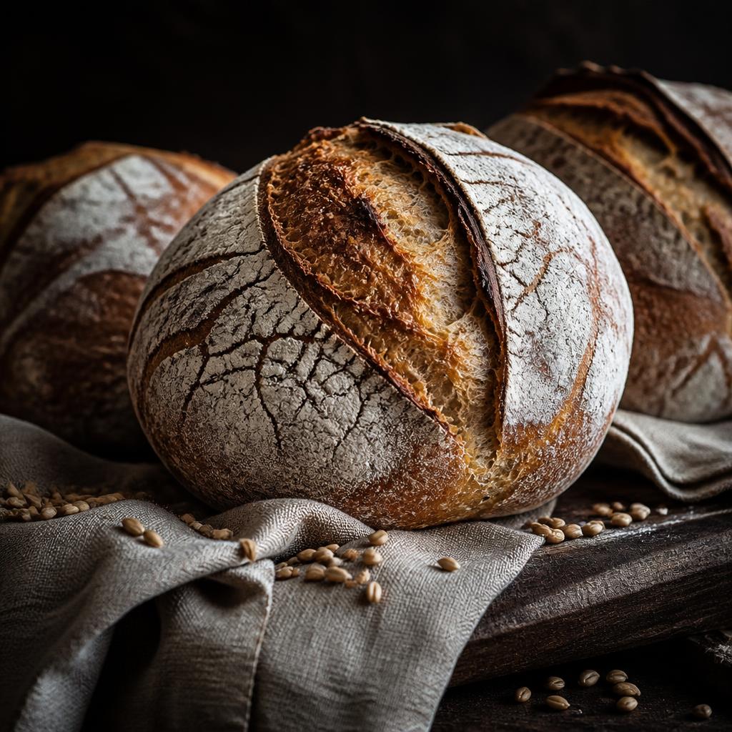 Pães artesanais de longa fermentação sobre bancada de madeira